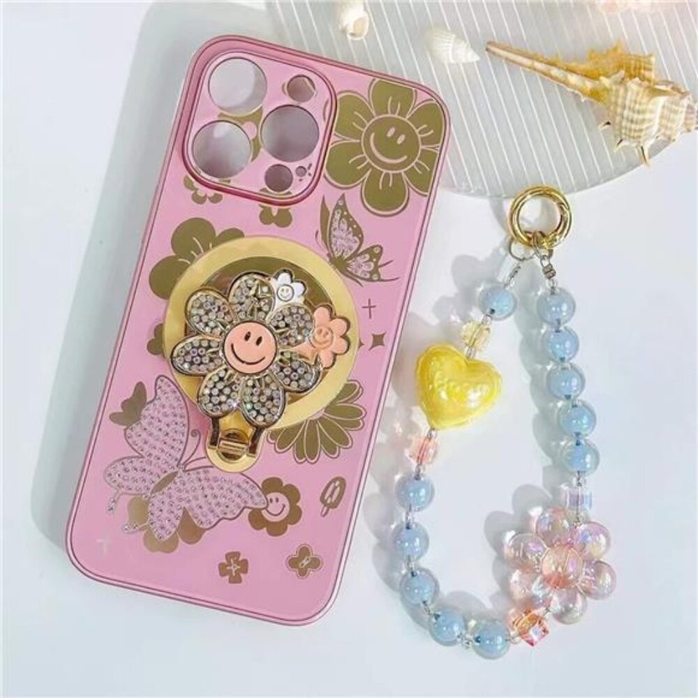 Iphone 16 Plus Pro Max Cute Sunflower Glitter Phone Case Strap Kickstand MagSafe